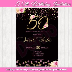 Invitation du 50e anniversaire, Invitation au 50e anniversaire d’or, Invitation adulte, Cinquante fête d’anniversaire, Invitation rose et or