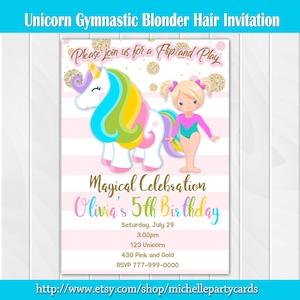 Unicorn Gymnastic Blonder Hair, Rainbow Invitation, Rainbow Gymnastic, Unicorn Invitation, Rainbow Unicorn, Party Birthday, Party Girl image 1