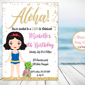 Schneewittchen einladen, Prinzessin Schneewittchen, Prinzessin Pool Party, Luau einladen, Luau Party, Luau Geburtstag, Sommer einladen, Pool-Party