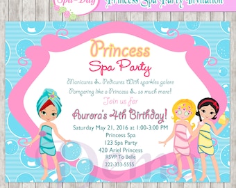 Princess Spa Party Invitation, Spa Party girl, Spa princess Invitation, Ariel-Aurora-Snow White Princess Party, Spa Girl, Spa Birthday