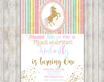 Unicorn Rainbow Invitation, Glitter Invite, Gold and Pink Unicorn, Party Birthday, One birthday Invitation, Party Girls, Unicorn Invitation