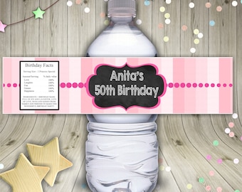 50th Birthday Party types of pink-water bottle labels-Pink water label-pink party-pink Birthday-Party suplies, Blue Water Bottle Labels