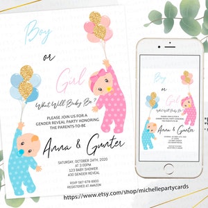 Boy or Girl Gender Reveal, invito alla doccia per bambini, Rosa e Blu, Evite Gender Reveal Invitation, Phone Invite, Digital invite Blue or Pink