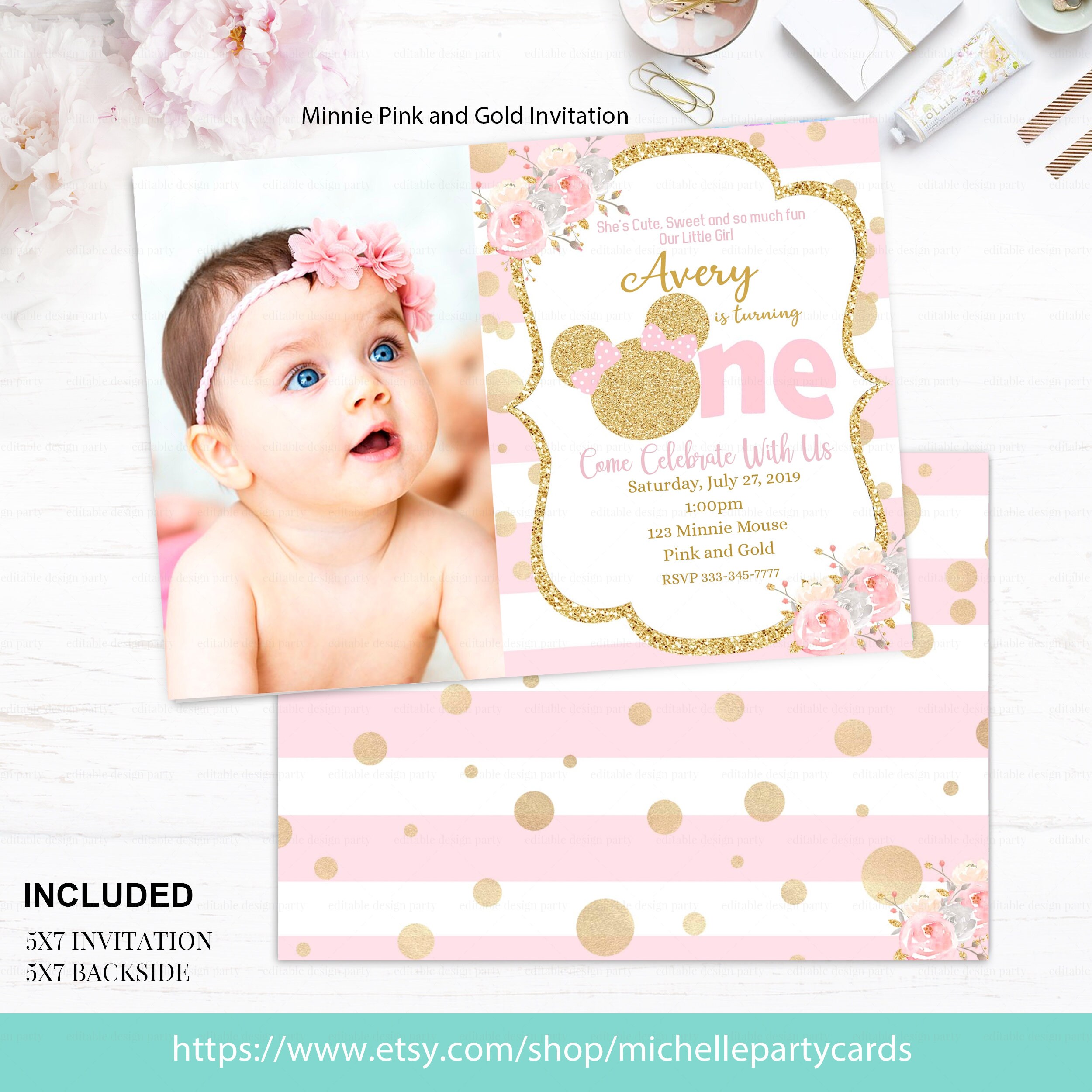 Pink and Gold Minnie Mouse Birthday Party Invitation Baby First 1st Birthday Gold Glitter Polka Dot invite Girl Printable