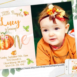 Invitation à la citrouille Premier anniversaire avec photo Petite photo de citrouille Invitations Fille Automne Automne 1er anniversaire Invitation automne 1ère fête d’anniversaire