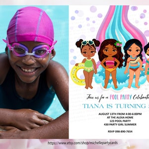 Prinzessin Pool Party Afroamerikaner Einladung, Prinzessin Multikulti, Prinzessin Sommer, Prinzessin Swim Party, Pool Geburtstag, Sommer Party
