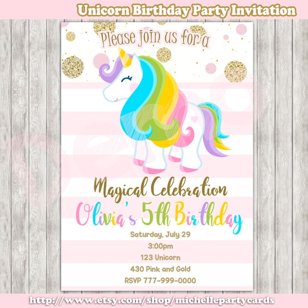 Unicorn Birthday Party Invitation, Pink and Gold, Invitation, Baby Shower, Glitter Invite, Party Girl, Unicorn Birthday, Unicorn, Rainbows