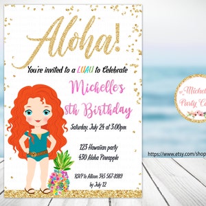 Princess Merida Einladung, Princess Merida Pool Party, Sommer Einladung, Hawaii geburtstag, Luau Einladung, Party Luau, Sommerparty