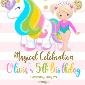 Unicorn Gymnastic Blonder Hair, Rainbow Invitation, Rainbow Gymnastic, Unicorn Invitation, Rainbow Unicorn, Party Birthday, Party Girl image 3