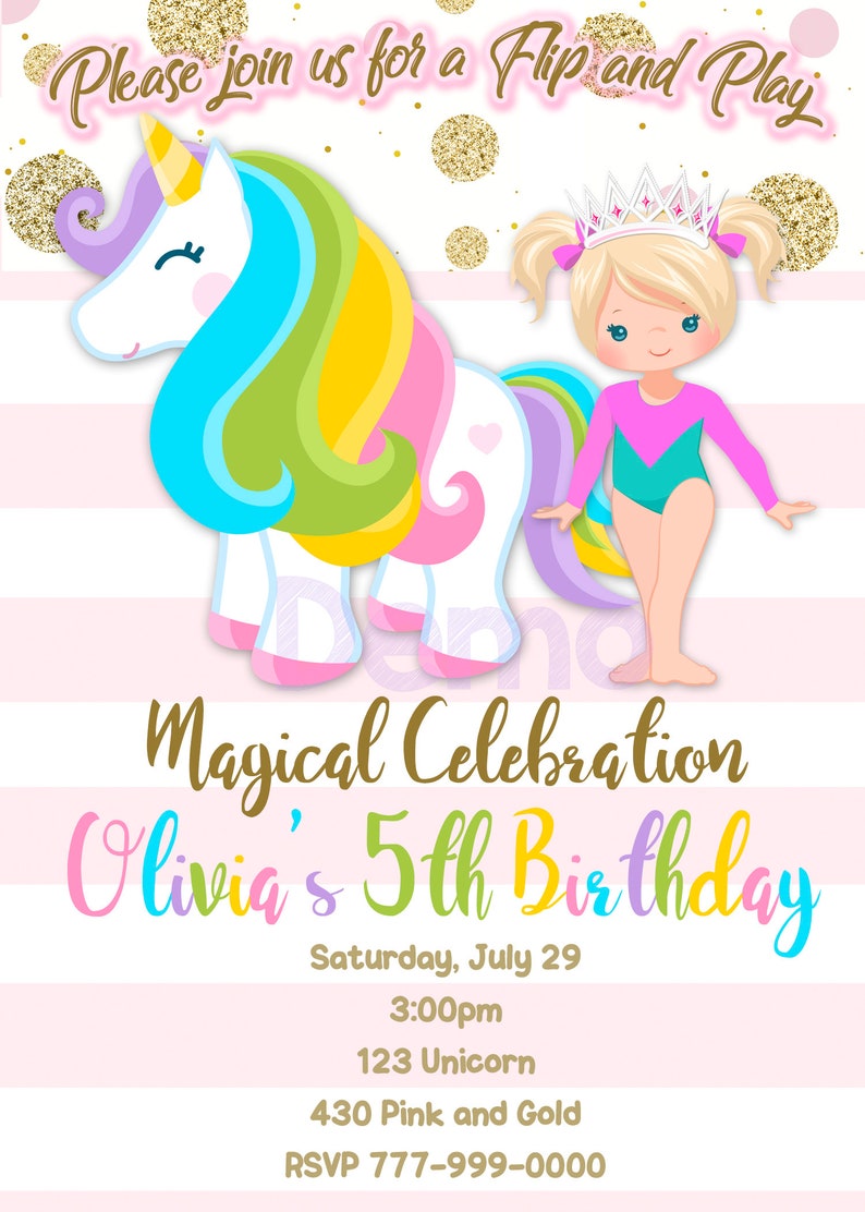 Unicorn Gymnastic Blonder Hair, Rainbow Invitation, Rainbow Gymnastic, Unicorn Invitation, Rainbow Unicorn, Party Birthday, Party Girl image 3