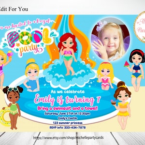 Princess Pool Party Einladung, Prinzessin Geburtstag, Pool Party Einladung, Prinzessin Einladung, Party Mädchen, Sommer Geburtstag, Wasserschieber