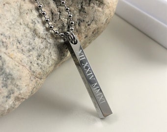 Personalized Necklace, Stainless Steel Roman Numerals 4 Sided Silver Bar Necklace, Gift for Husband, Necklace For Guys, ,Custom Bar