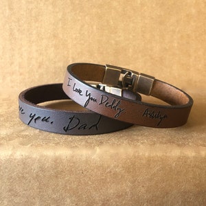 Actual Handwriting Personal Leather Bracelet For Men or Women Anniversary Gift For Him Text Message Engraved Bracelet, Hidden Message