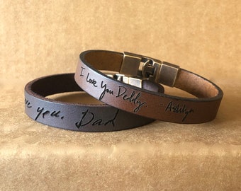 Personalized Handwriting Leather Bracelet, Engraved Text Message Anniversary Gift