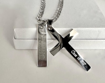 Personalized Stainless Steel Cross Necklace: Engraved Religious Jewelry, Custom Silver Necklace  For Men...