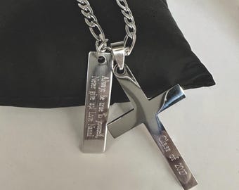 Collar de cruz de acero inoxidable personalizado: colgante cristiano grabado, regalo para él