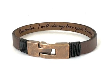 Secret Message Leather Bracelet, Engraved Gift for Him
