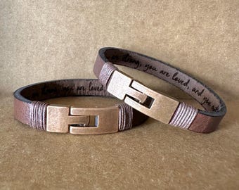 Personalized Leather Bracelet Men, Engraved Copper Clasp, Custom Jewelry
