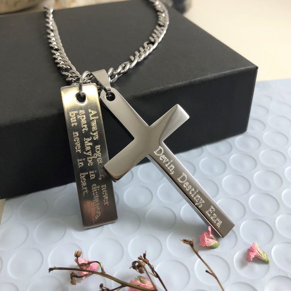 Large Cross Necklace For Men Personalized Jewelry Gift for Dad Boyfriend Husband Engraved Son Gift Silver Christian Religious Custom Cross