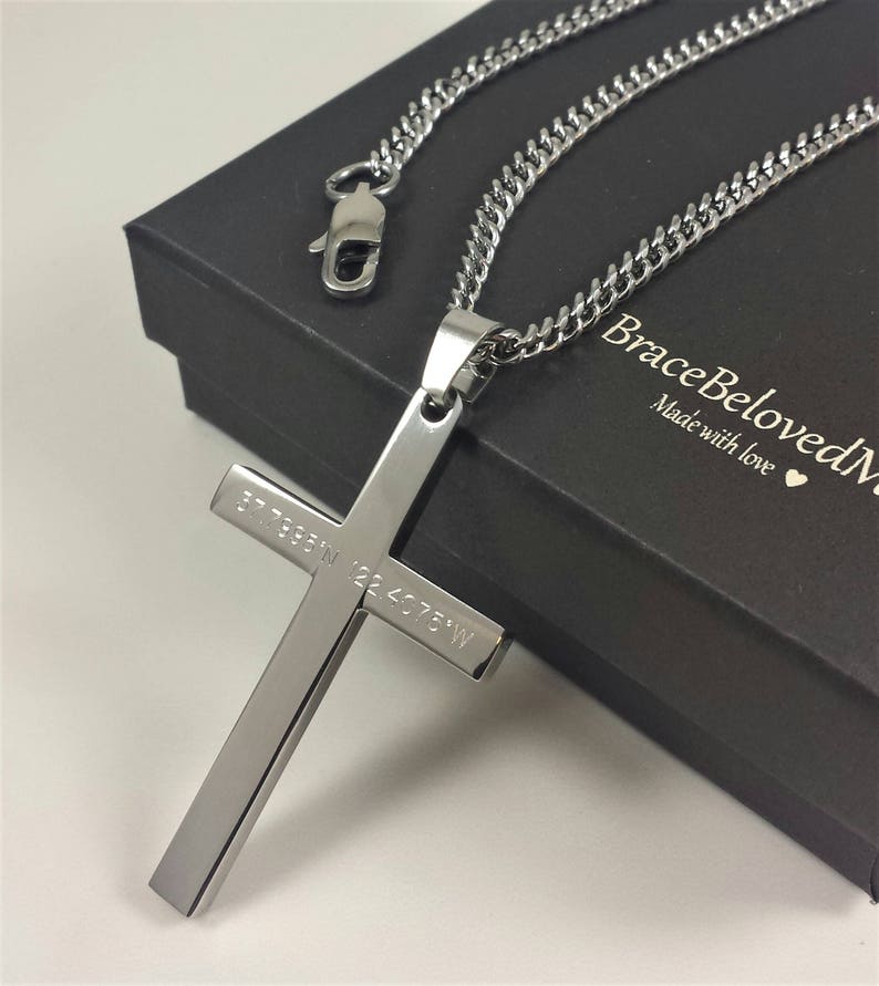 Personalized Cross Necklace Stainless Steel Custom Necklace Men/'s Cross Necklace Coordinates Men Necklace Engraved Religious Necklace