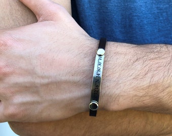 Men's Leather Coordinate Bracelet: Personalized Stainless Steel Plate