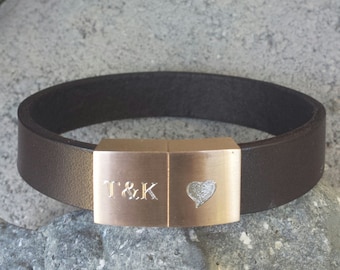 Personalized Leather Bracelet for Men: Engraved Initials, Rose Gold Clasp