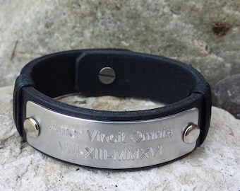 Pulsera de identificación, pulsera de cuero para hombre, brazalete personalizado, pulsera de cuero para hombre, pulsera con números romanos, regalo de aniversario