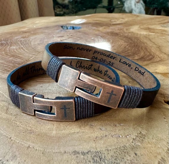Personalized Men's Leather Cross Bracelet: Engraved Christian