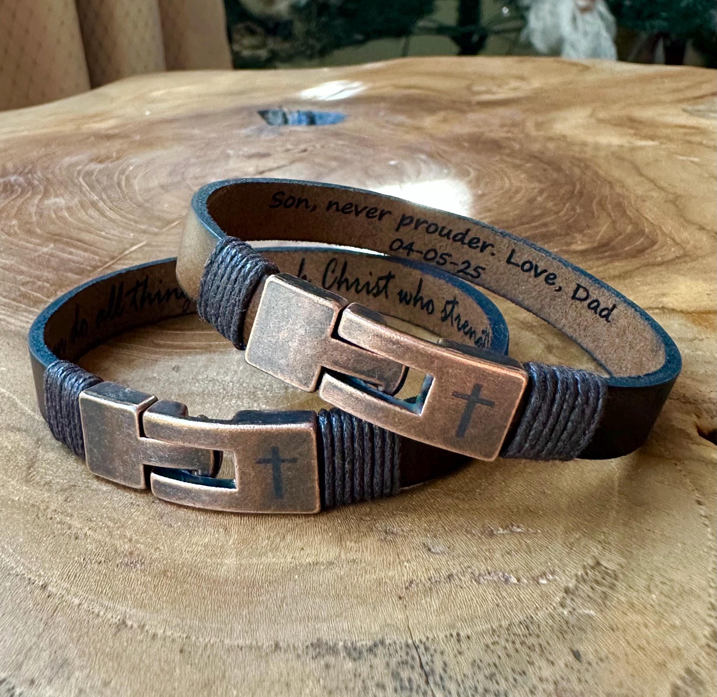 Personalized Men's Leather Cross Bracelet: Engraved Christian