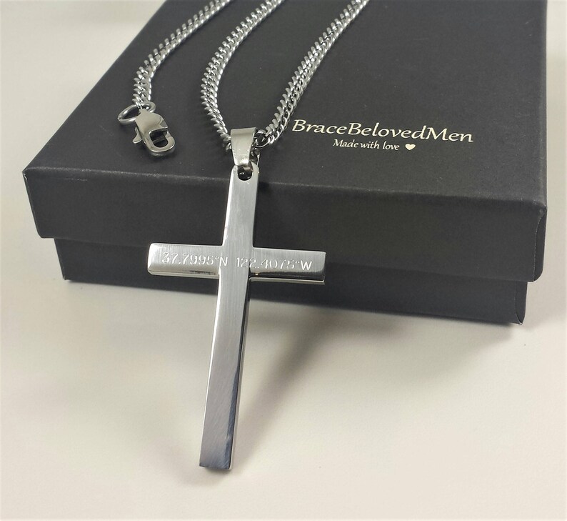 Personalized Cross Necklace Stainless Steel Custom Necklace Men/'s Cross Necklace Coordinates Men Necklace Engraved Religious Necklace