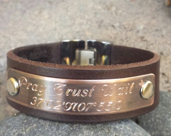 Pulsera de cuero personalizada para hombre, regalo de aniversario de cobre grabado