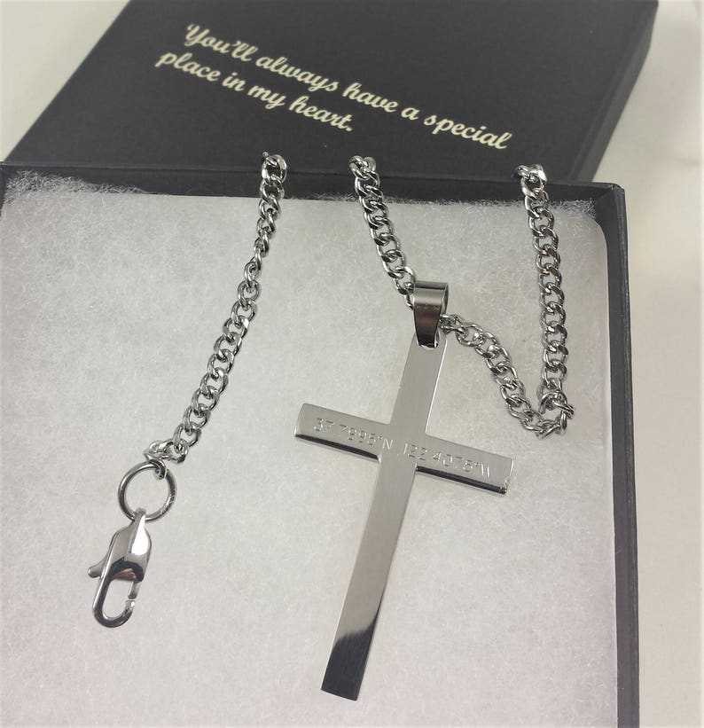 Personalized Cross Necklace Stainless Steel Custom Necklace Men/'s Cross Necklace Coordinates Men Necklace Engraved Religious Necklace
