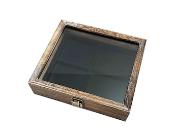 Clearance 2nds Weathered Look Rustic Stained Wood Glass Top Lid Black 4 Space Pocket Watch Jewelry Display Case  8 1/4" x 7 1/2"