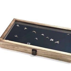 Clearance 2nds Rustic Oak Stain Wood Glass Top Lid Black 144 Ring Display Storage Organizer Box Case