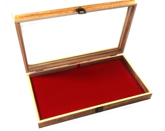 Clearance 2nds Rustic Style Oak Stained Wood Glass Top Lid Red Pad Display Box Case Militaria Medals Pins Jewelry Knife
