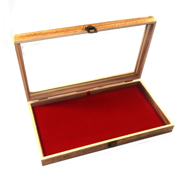 Clearance 2nds Rustic Style Oak Stained Wood Glass Top Lid Red Pad Display Box Case Militaria Medals Pins Jewelry Knife