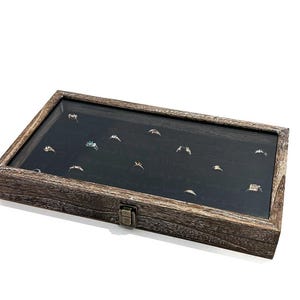 Clearance 2nds Rustic Weathered look Dark Oak Stained Wood Glass Top Lid Black 72 Ring Display Storage Organizer Box Case