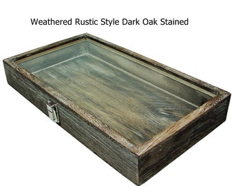 Clearance Lots 2nds Weathered Look Rustic Dark Oak Stained Wood Glass Top Lid Black Pad Display Case Pins, Medals, Militaria Knives Jewelry