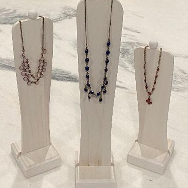 3 Piece Set  Rustic White Stained Wooden Free Standing Necklace Chain Jewelry Display Stand  18'", 15 1/2" and 12 1/2"H