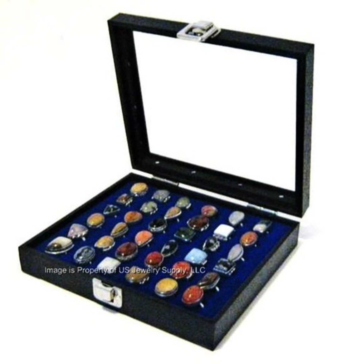 Black Glass Top Storage Box With Lock – 1 Key, Holds 36 Rings, Portable Case