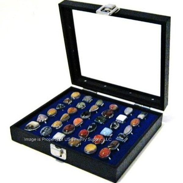 Key Lock Locking Glass Top Lid 36 Ring Display Portable Sales Storage Case Pick Black Red or Blue liner