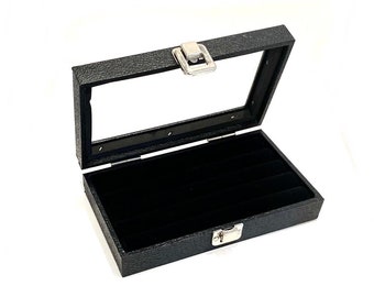 Glass Top Lid Black Pad Display Portable Sales Storage Case Pins Medals Jewelry Collectibles 8 1/4 x 4 3/4" x 2 1/8"
