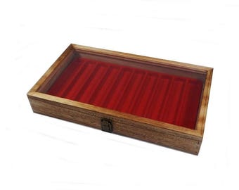 Clearance 2nds Rustic Oak Stained Wood Glass Top Lid 10 Slot Display Box Case Jewelry Pens Case Pocket Knife Case Pick liner color