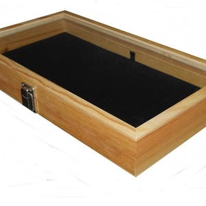 Clearance 2nds Natural Wood Glass Top Lid Display Storage Case with Black Pad Liner