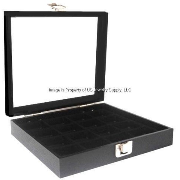 Key Lock Locking Glass Top Lid 16 Space Black Display Box Case Body Jewelry Rings Charms Pins