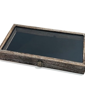 Clearance Lots 2nds Weathered Look Rustic Dark Oak Stained Wood Glass Top Lid Black Pad Display Case Pins, Medals, Militaria Knives Jewelry