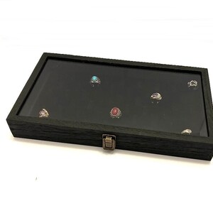 Clearance 2nds Rustic Black Stained Wood Glass Top Lid Black 51 Tab Championship or Standard Ring Display Storage Organizer Box Case