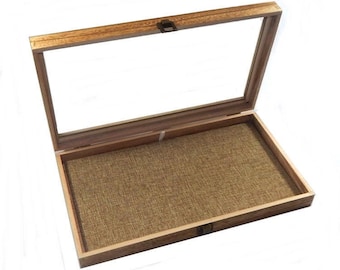 Rustic Oak Stained Natural Wood Glass Top Lid Burlap Pad Display Box Case Militaria Medals Pins Jewelry Knife