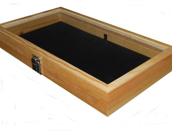 Clearance 2nds Natural Wood Glass Top Lid Black or Red Pad Display Case for Pins, Medals, Militaria Knives Jewelry