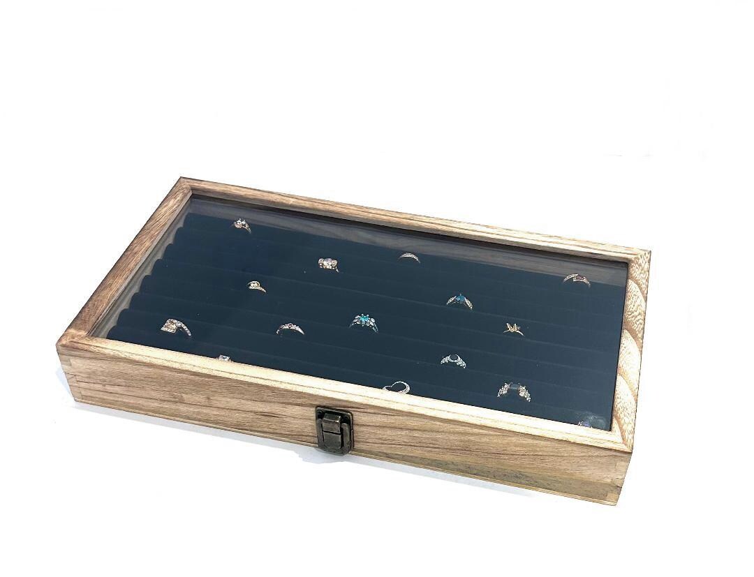Wood Glass Top Ring Display Case With Black Velvet 8-Row Tufted Insert – Countertop Trade Show